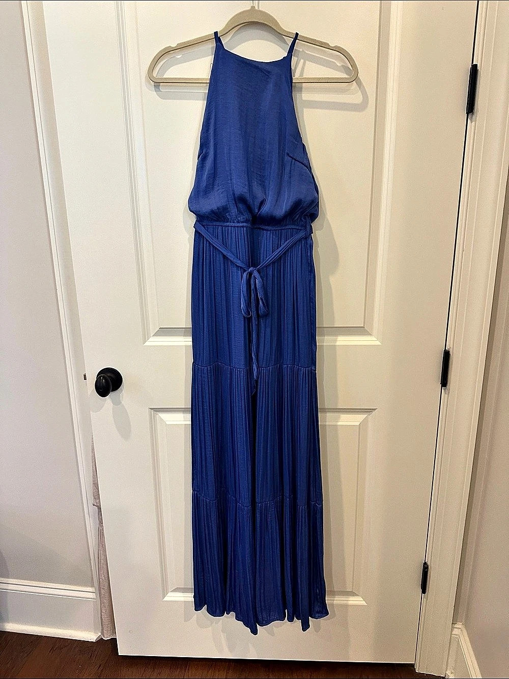 Sky + Sky Pleated Satin Maxi Dress in Blue Size Small Like New